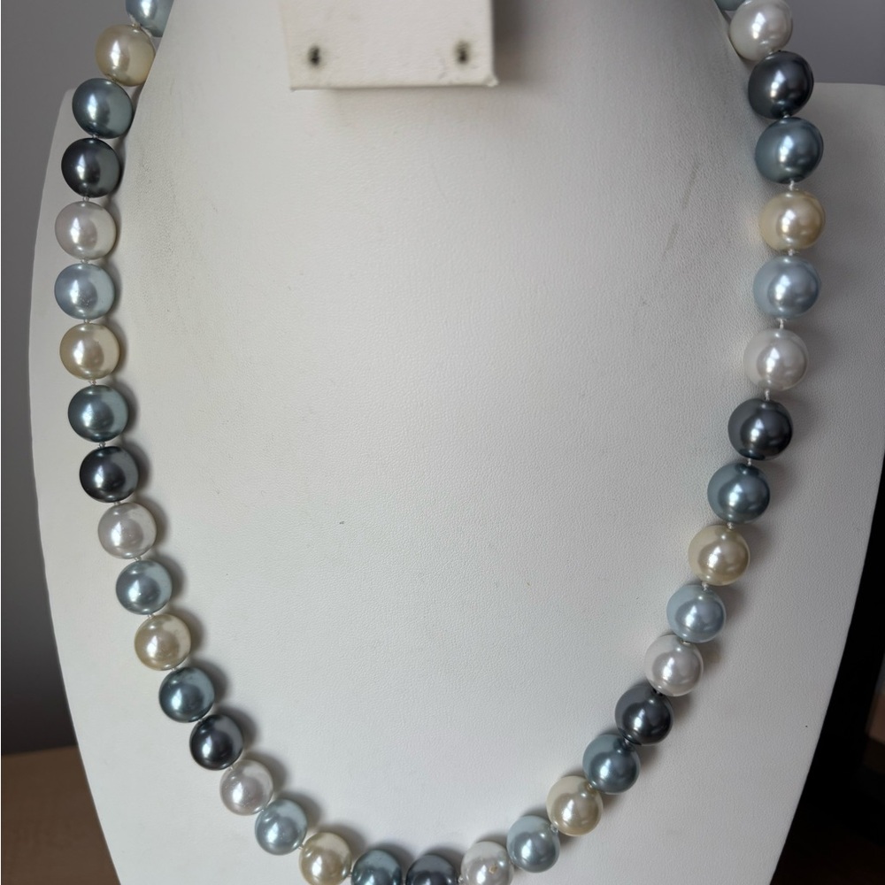Faux Pearl Necklace in Blues, white, cream colors/ gun metal tone